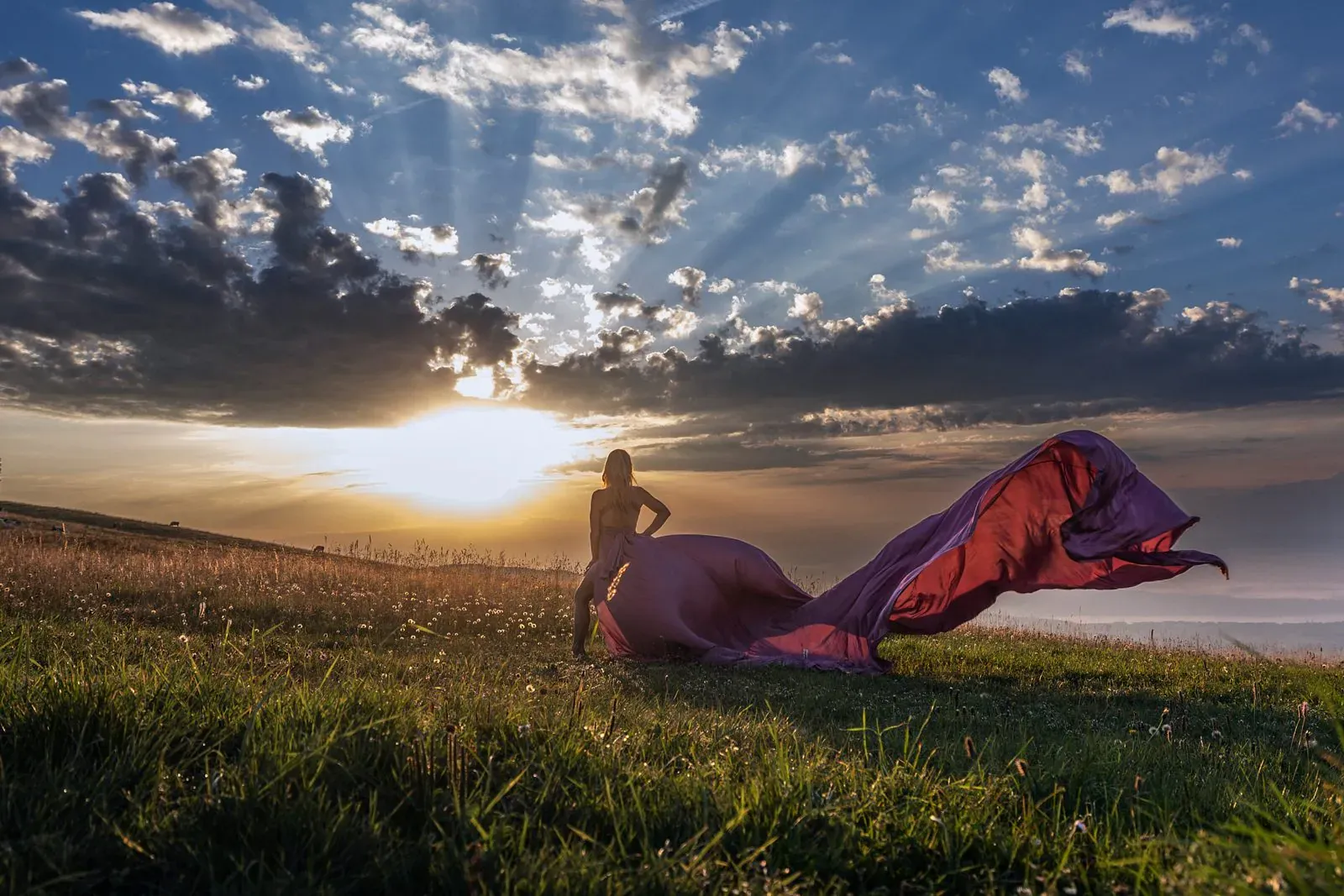 Femme au voile pourpre déployé par le vent, sur une colline au coucher du soleil